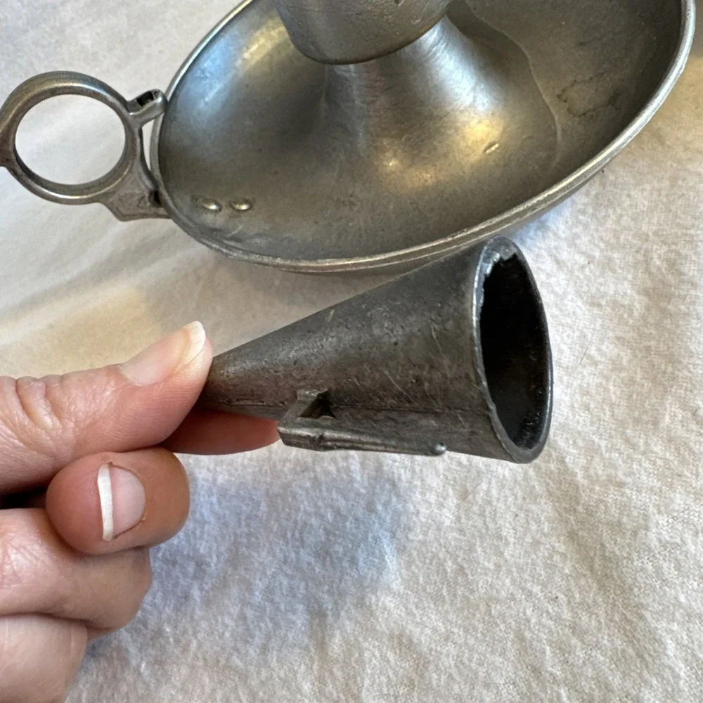 Vintage Pair Pewter Chamberstick Candle Holders Finger Loops Sniffers Blue Glass